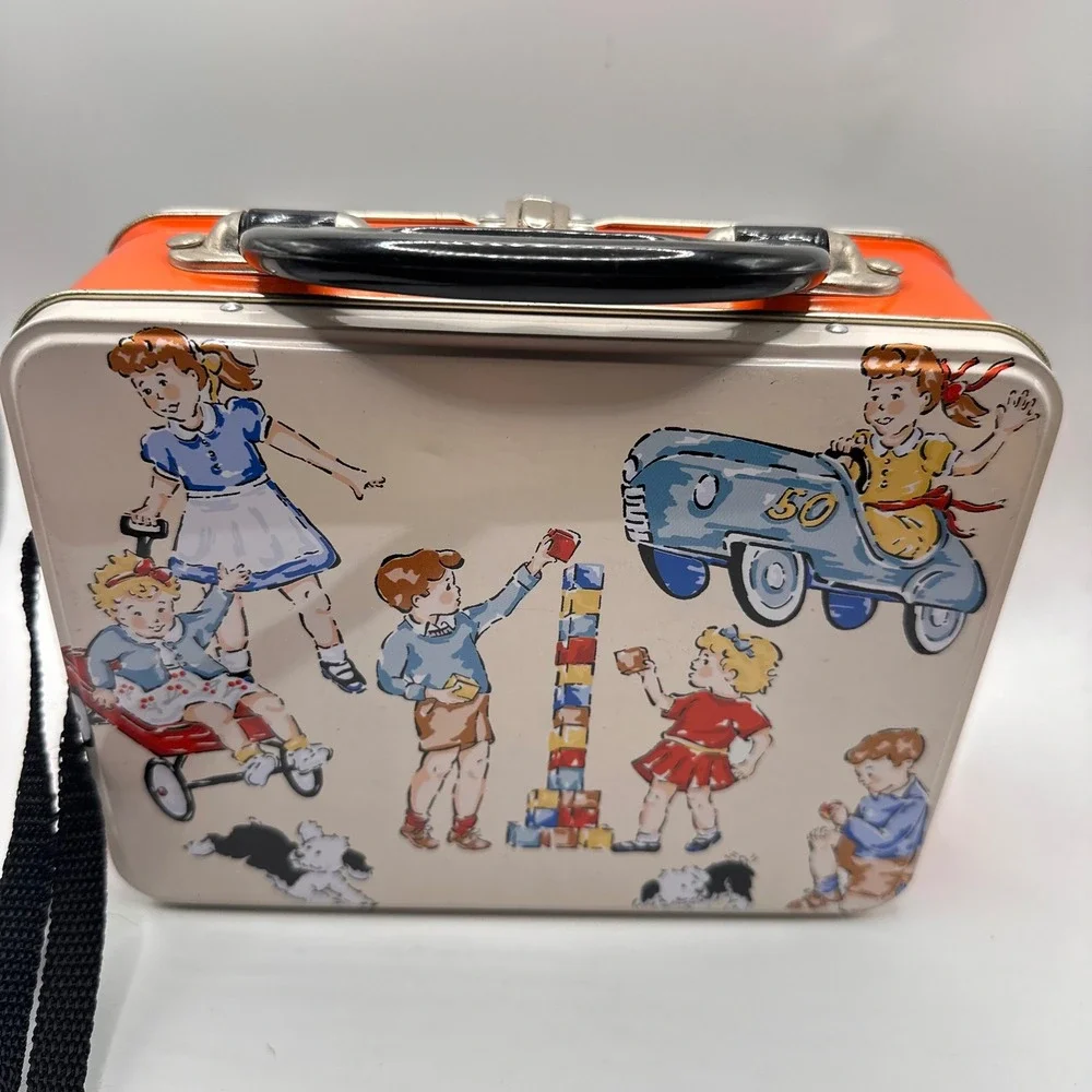 Vintage Style Metal Lunch Box Children Playing Illustration Orange Tin Tote Bag